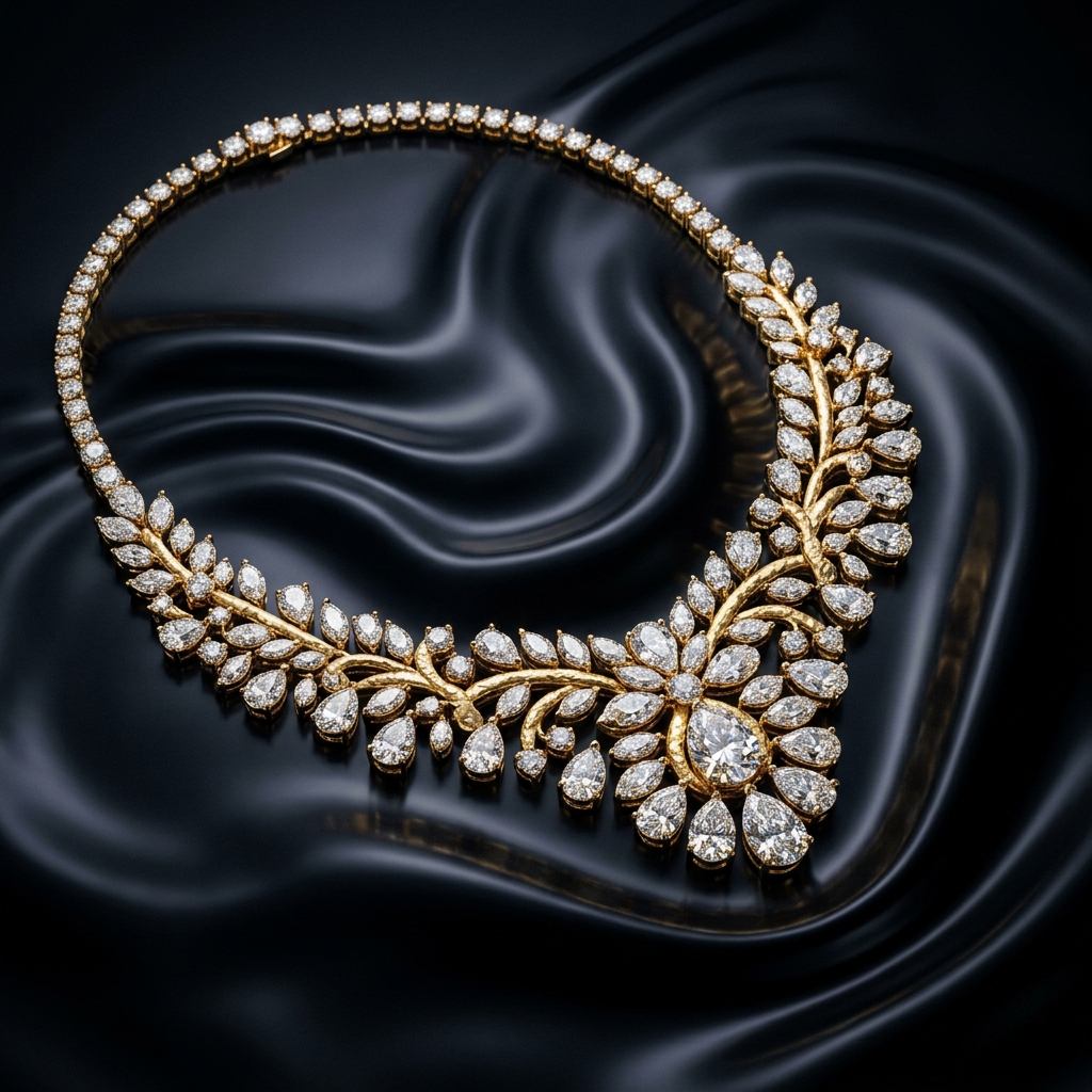 Exquisite Diamond Gold Necklace on Dark Silk Background
